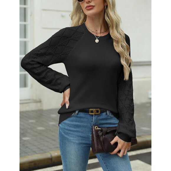 Zeagoo Women Black Crew Neck Eyelet Long Sleeve Casual Kint Pullover Sweaters - Picture 3 of 5
